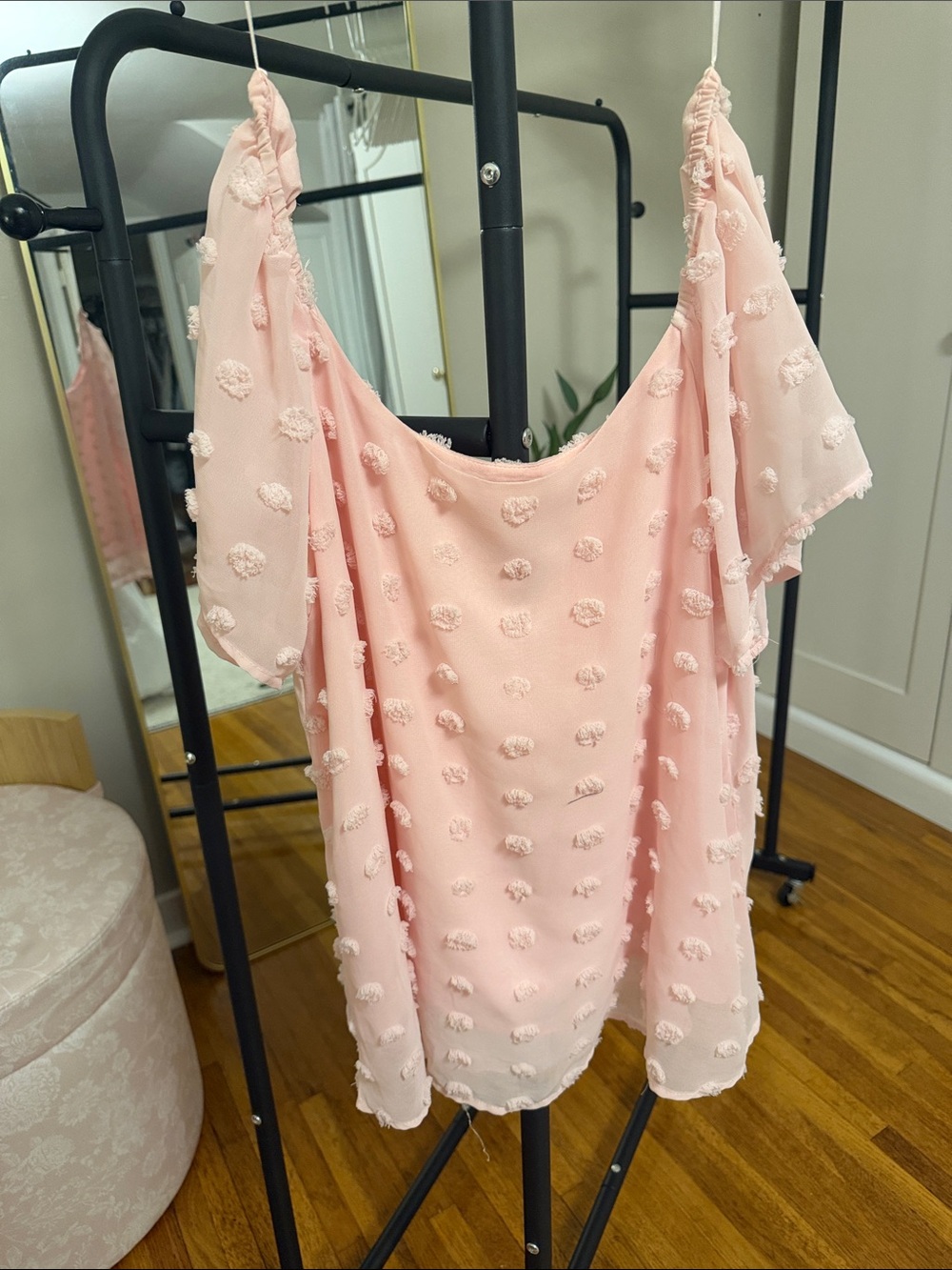 Mi Ami Light Pink Textured Pom-Pom Off the Shoulder Top